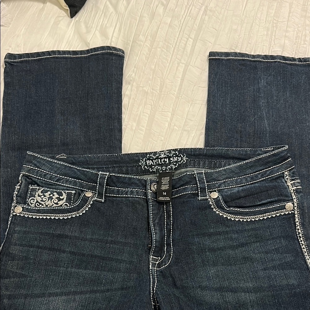 Paisley Sky Blue Boot Cut Jeans with Rhinestone Details